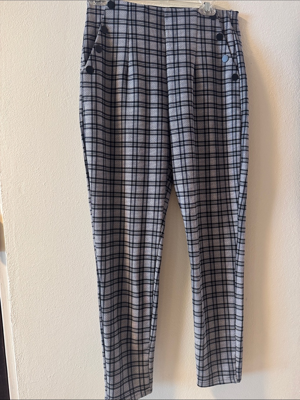 High-Rise Black & White Plaid Chinos